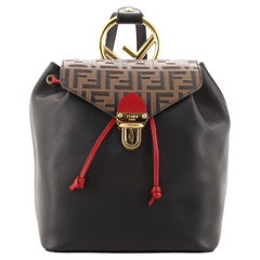 Fendi Drawstring Flap Backpack Leather with Zucca Embossed Detail Small