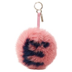 FENDI E letter pink navy blue mink fur ball pom pom bag bug keyring char