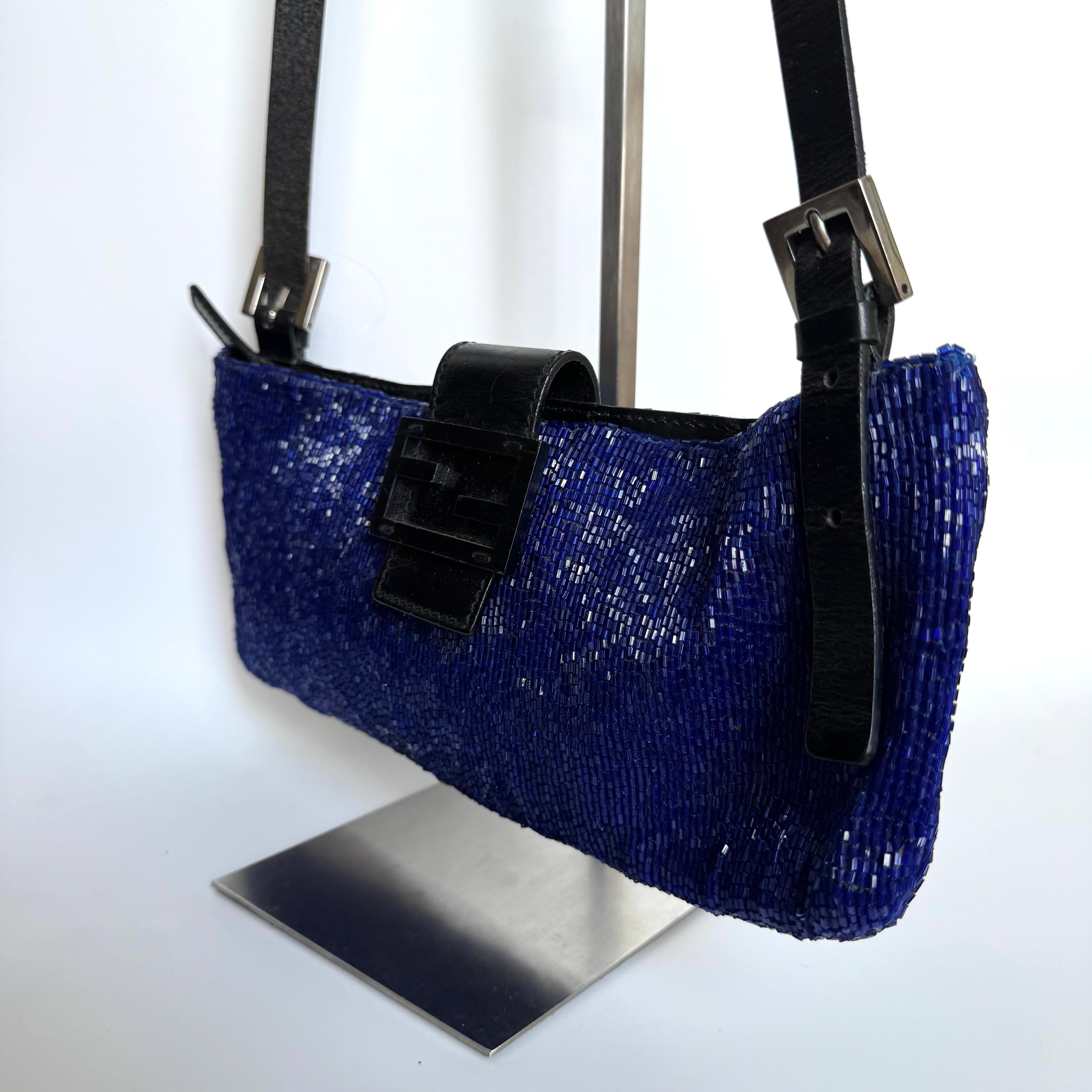Noir Fendi Electric Blue Beaded Zip Opening Crossbody Bag en vente