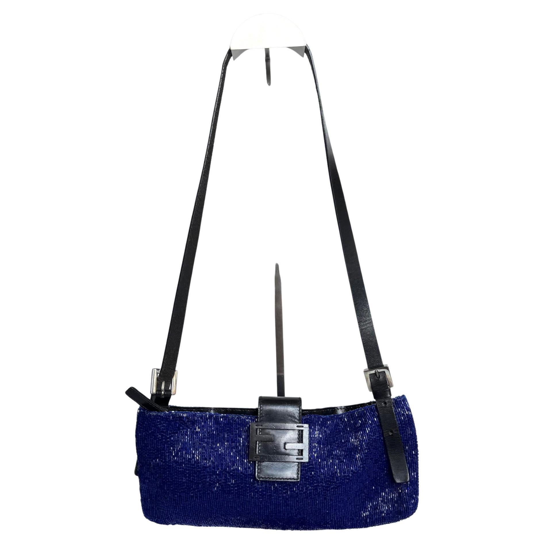 Fendi Electric Blue Beaded Zip Opening Crossbody Bag