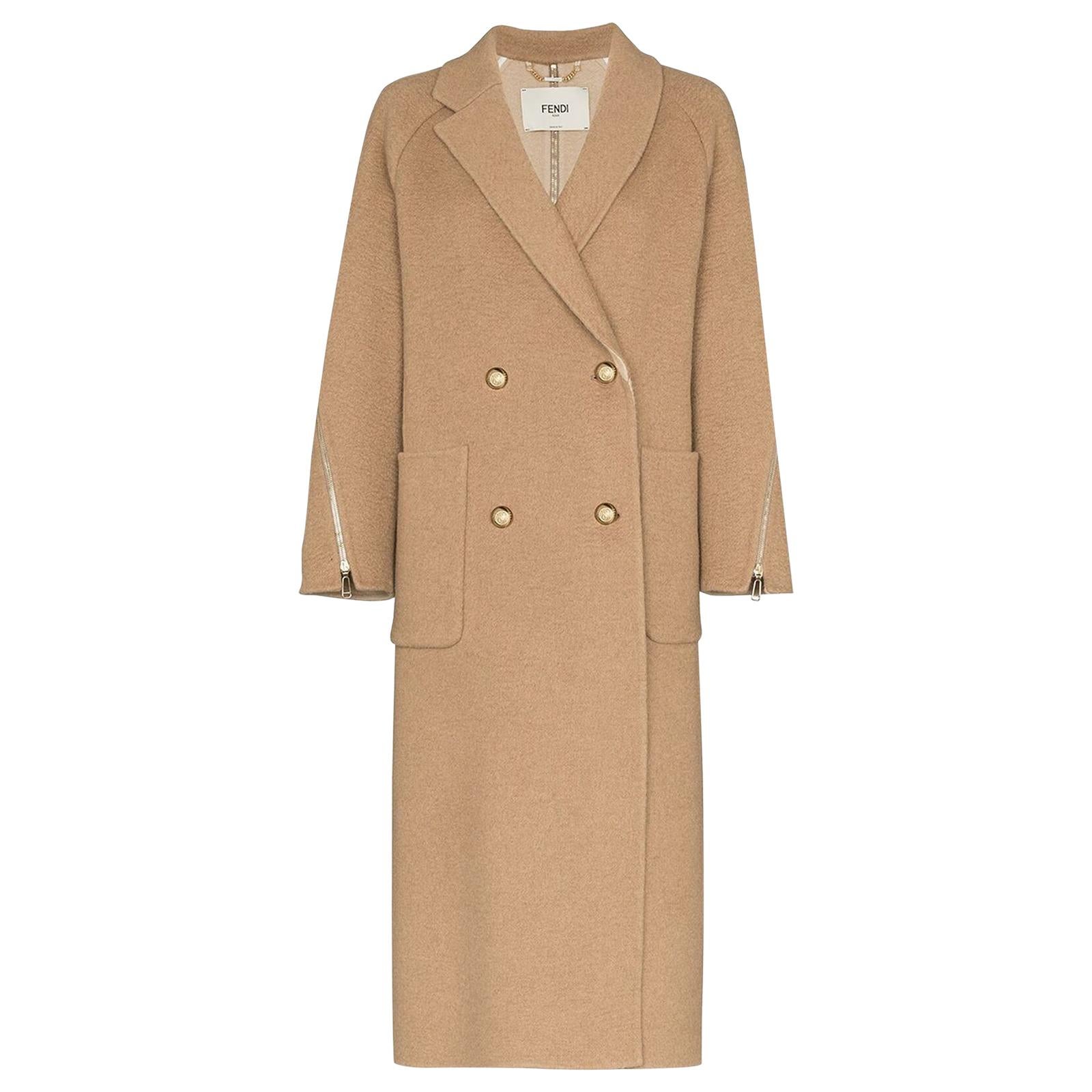 Fendi Embellished Double Breasted Camel Hair Coat