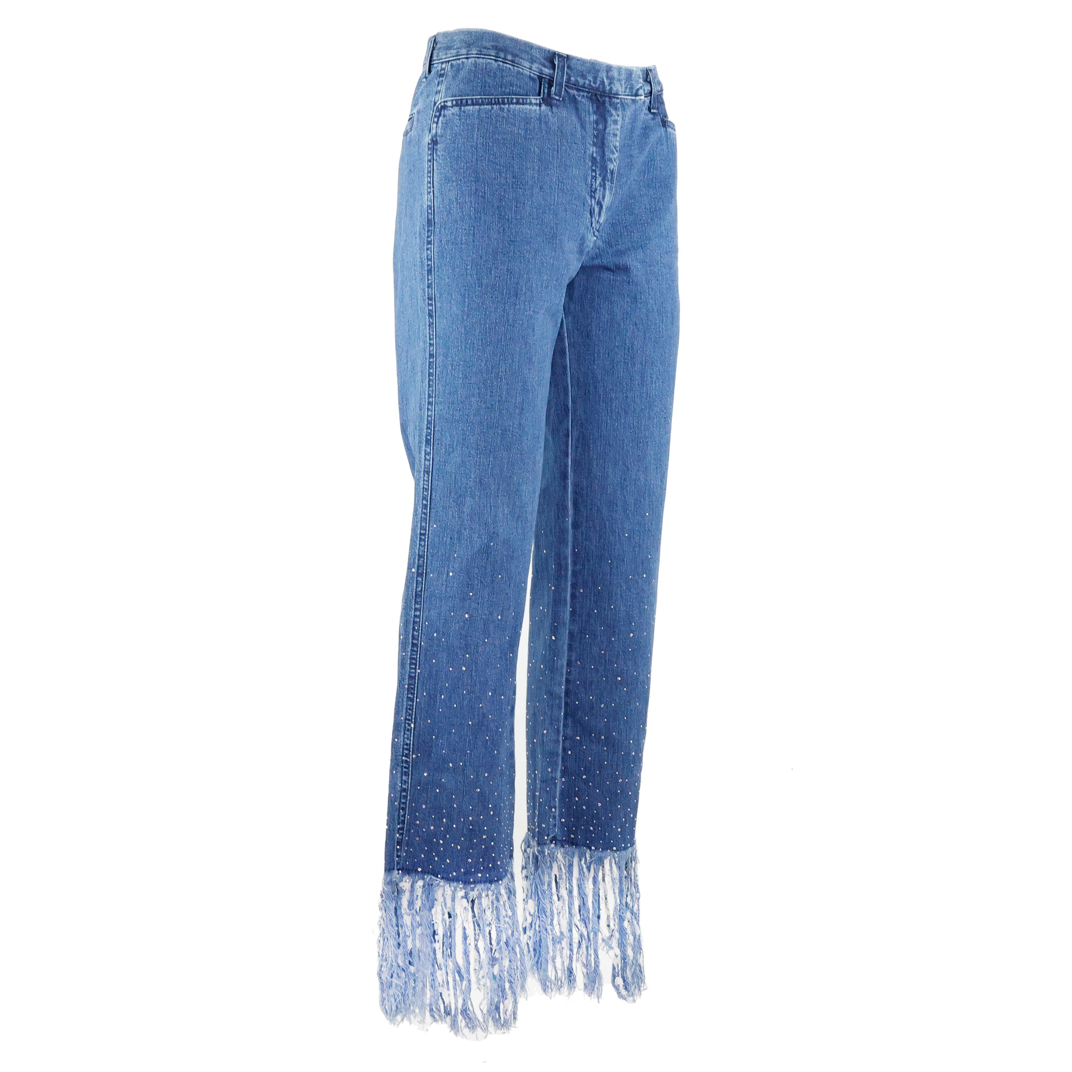 Blue Fendi Embellished Flared Fringed Jeans  For Sale