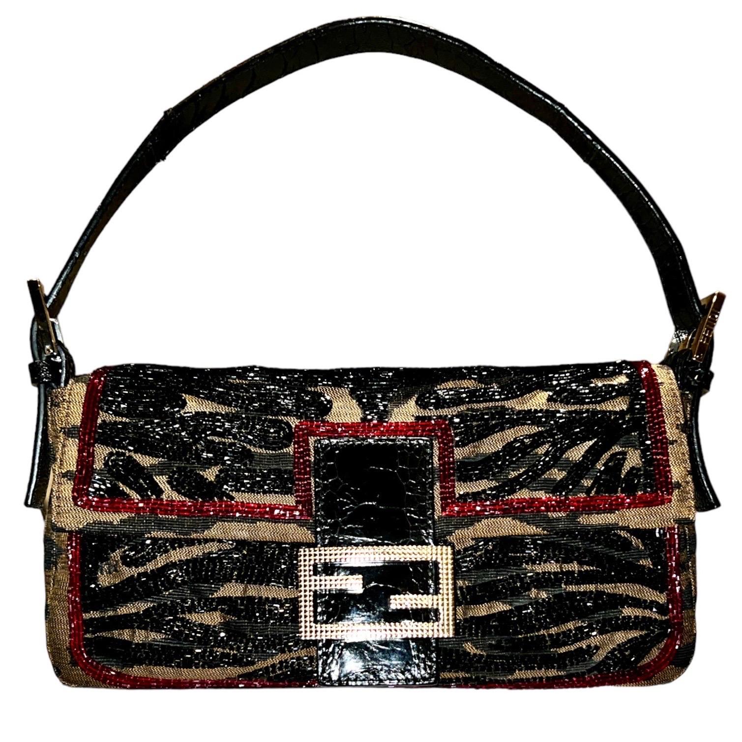 FENDI Embroidered Baguette Handbag Flap Bag Clutch - Full Set For Sale