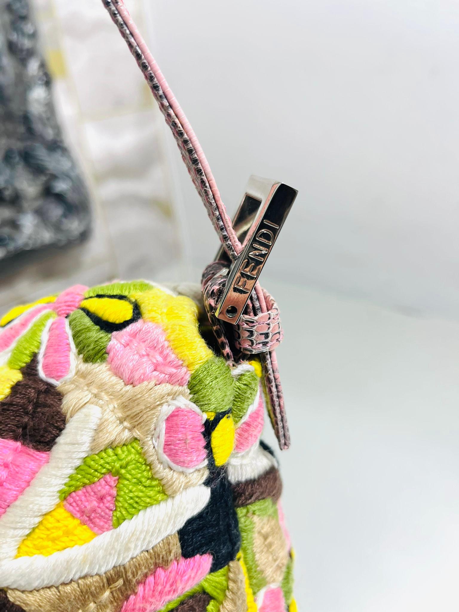 Women's Fendi Embroidered Canvas & Lizard Baguette Bag