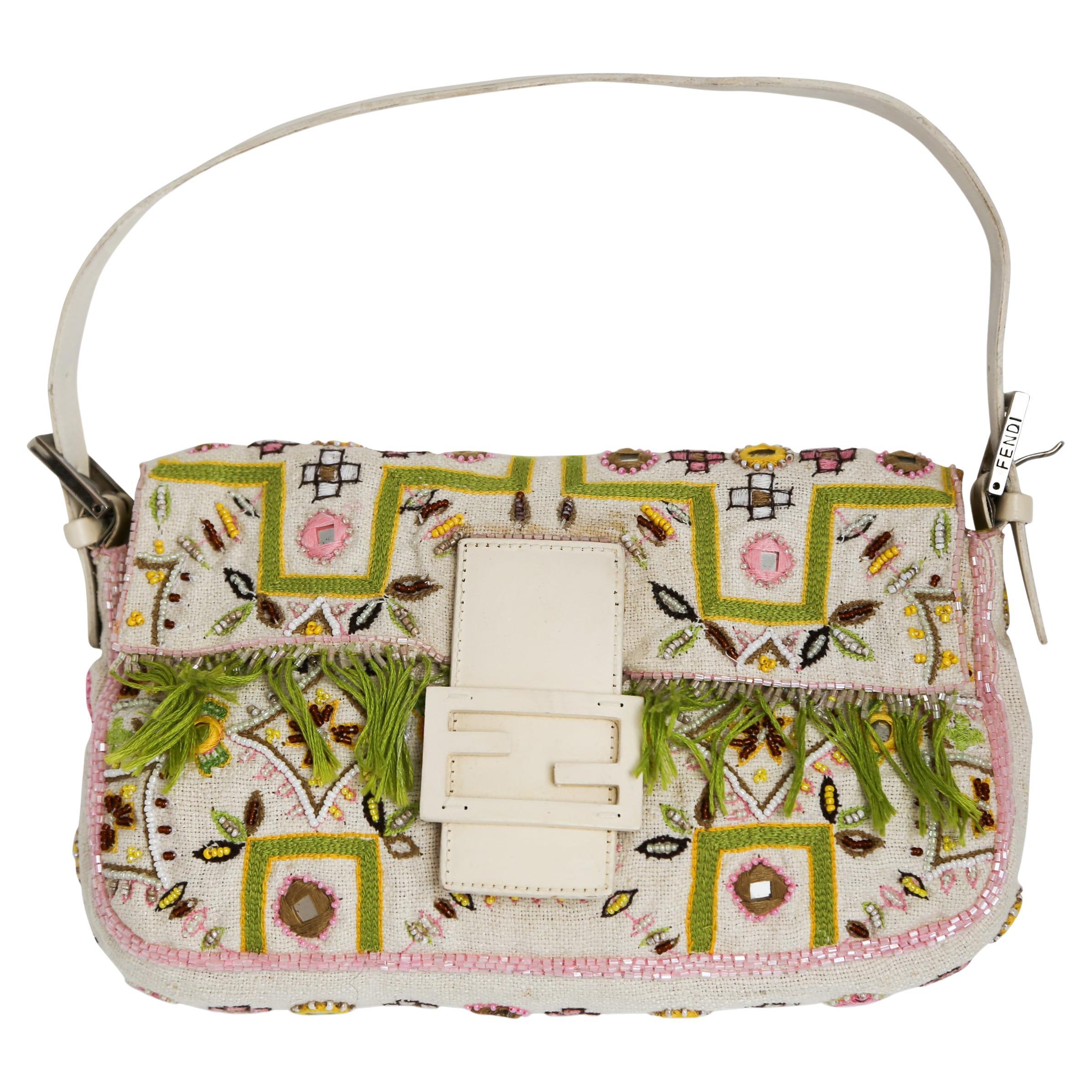 Fendi Embroidered Cloth Baguette Handbag For Sale