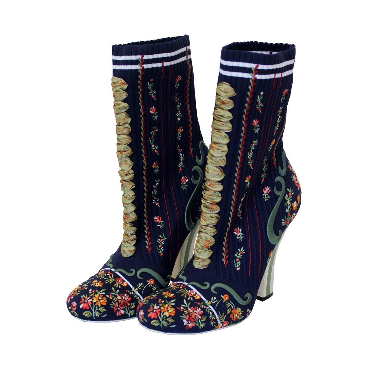 Black Fendi Embroidered Sock Ankle Boots 40