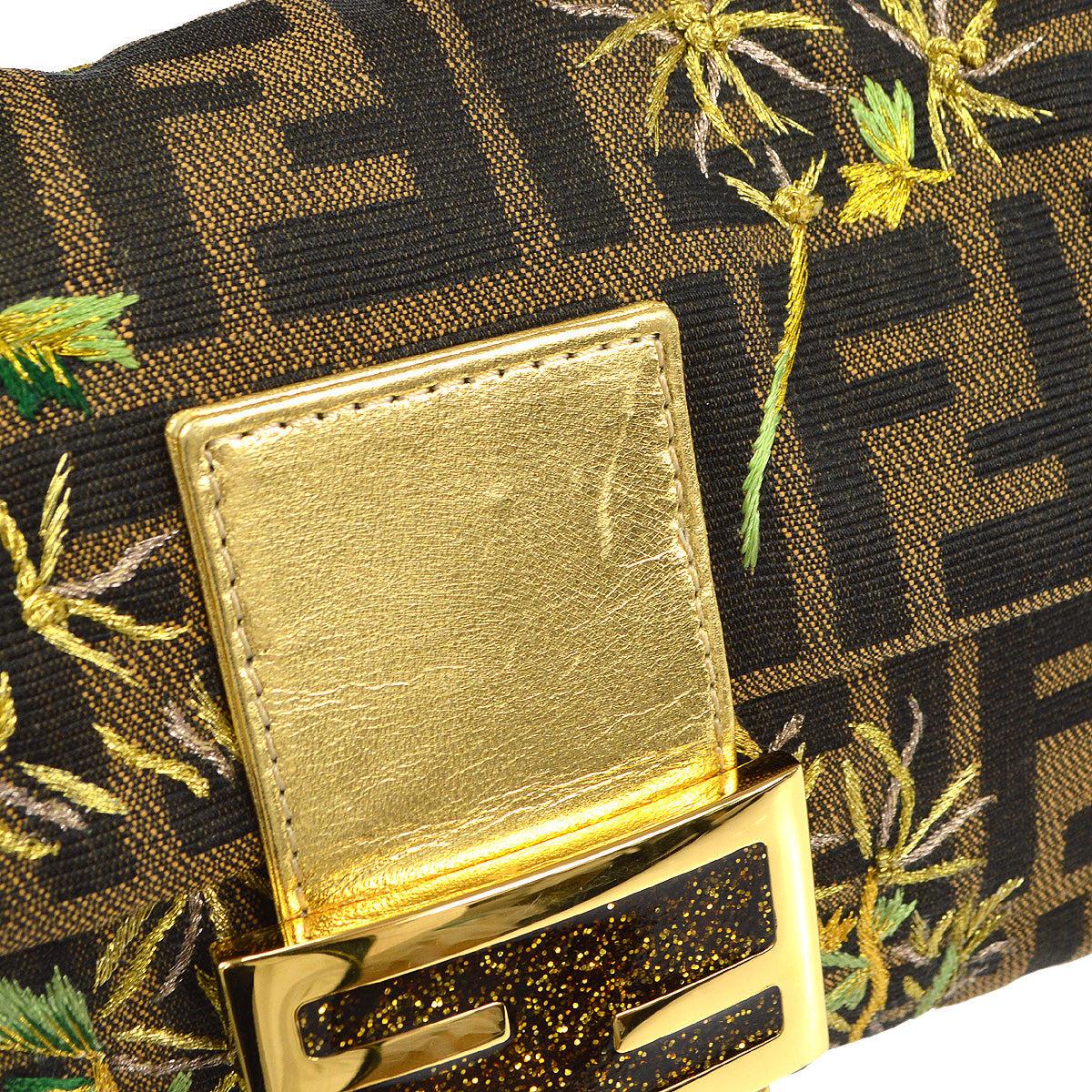 Women's Fendi Embroidered Zucca Baguette Handbag Brown Gold 97872 For Sale