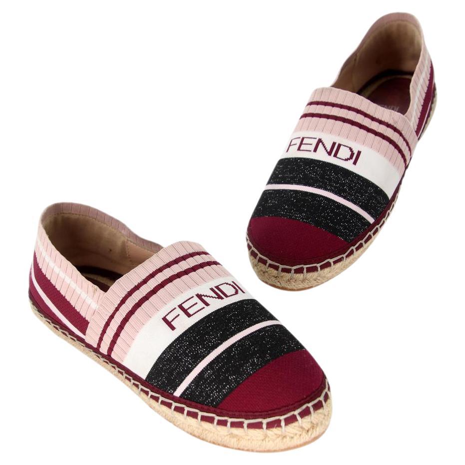 Fendi Espadrille 38 Stripe Knit Fabric Logo Flats FF-0502N-0139 For Sale