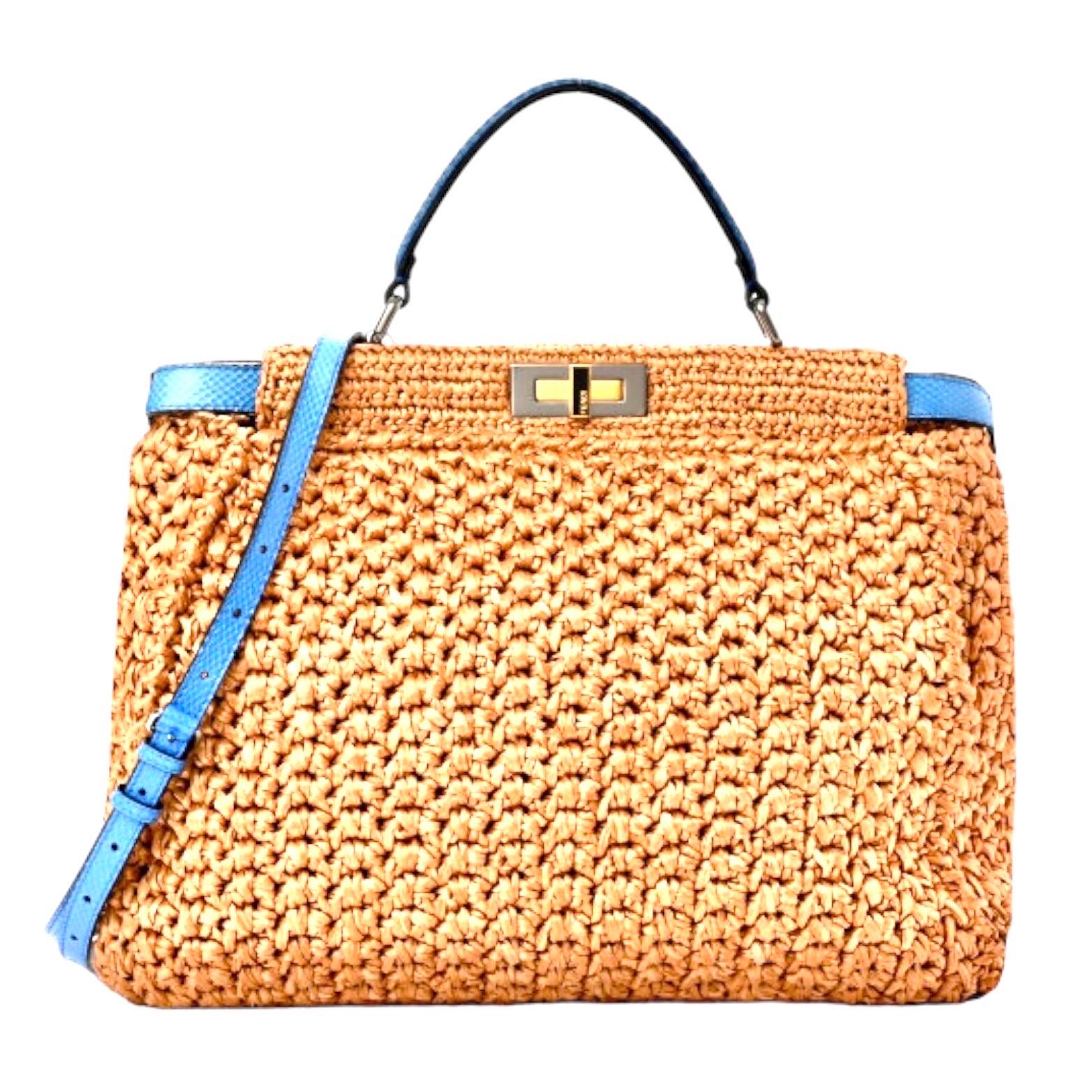 Women's FENDI Exotic XL Woven Peekaboo Raffia Bag Tote with Shoulder Strap