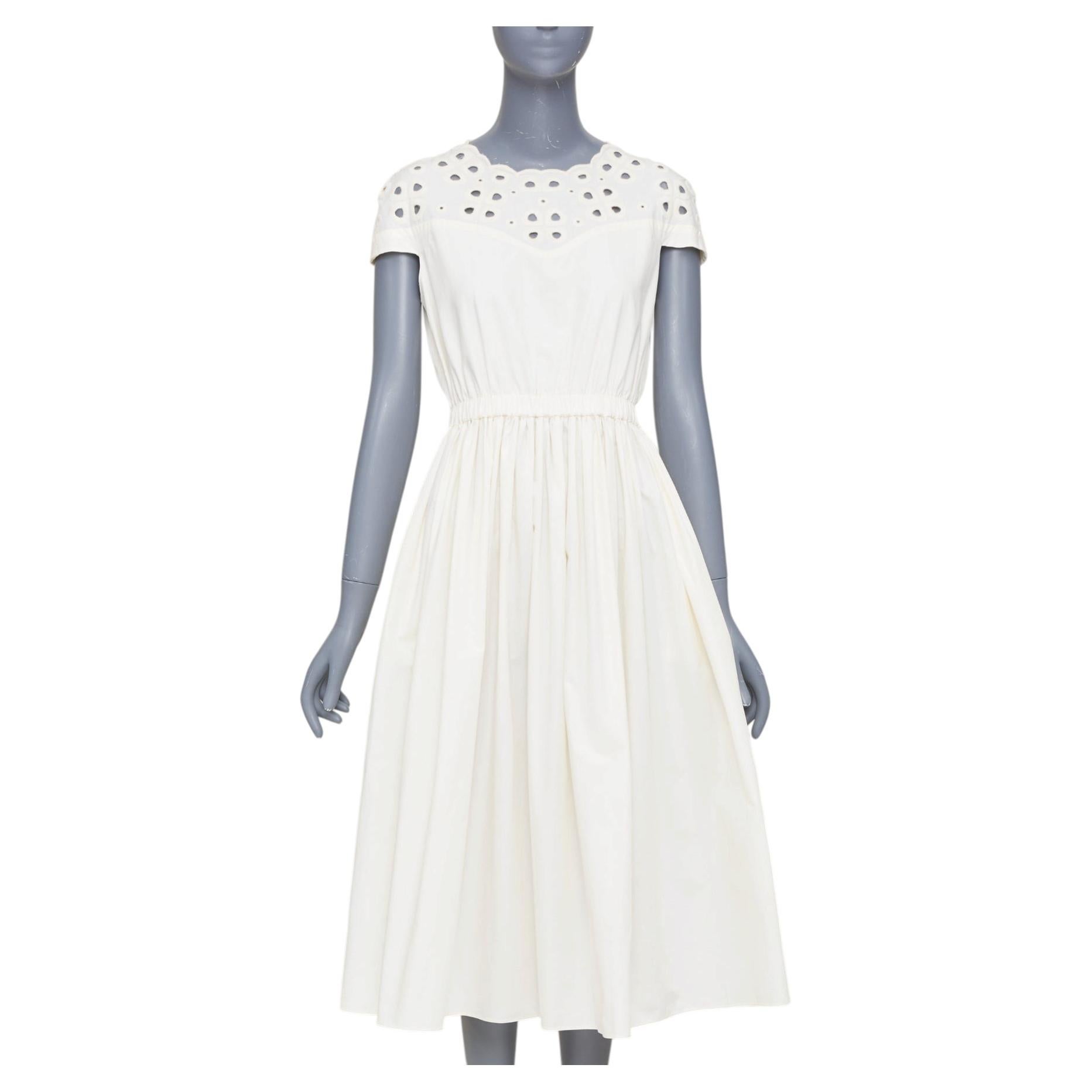 FENDI eyelet cutout scalloped yoke white cotton poplin midi dress IT40 S