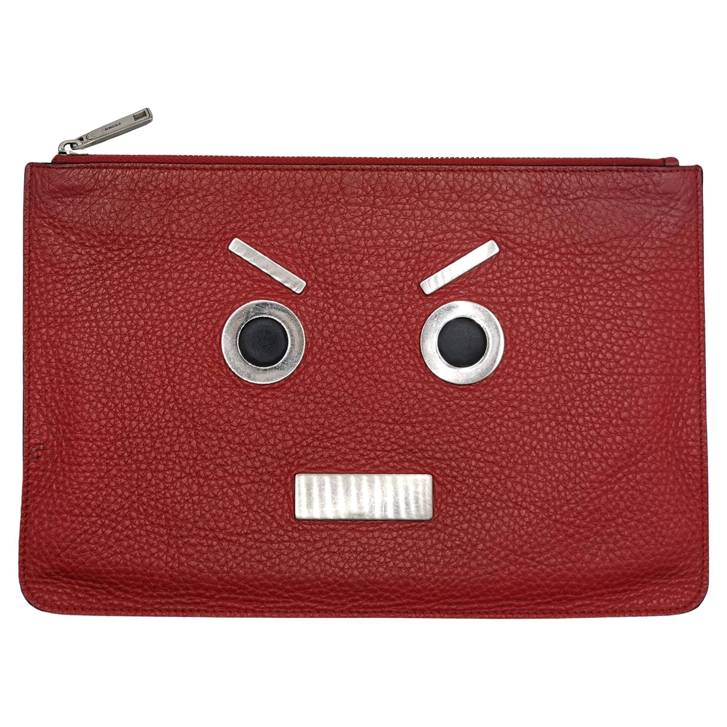 Fendi Faces red leather clutch bag, Angry face, No Words