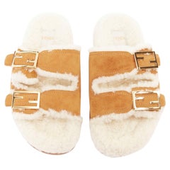 FENDI Feel tan brown suede shearling gold FF buckle sandal slides EU38