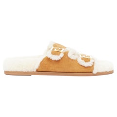 FENDI Feel tan brown suede shearling gold FF buckle sandal slides EU38