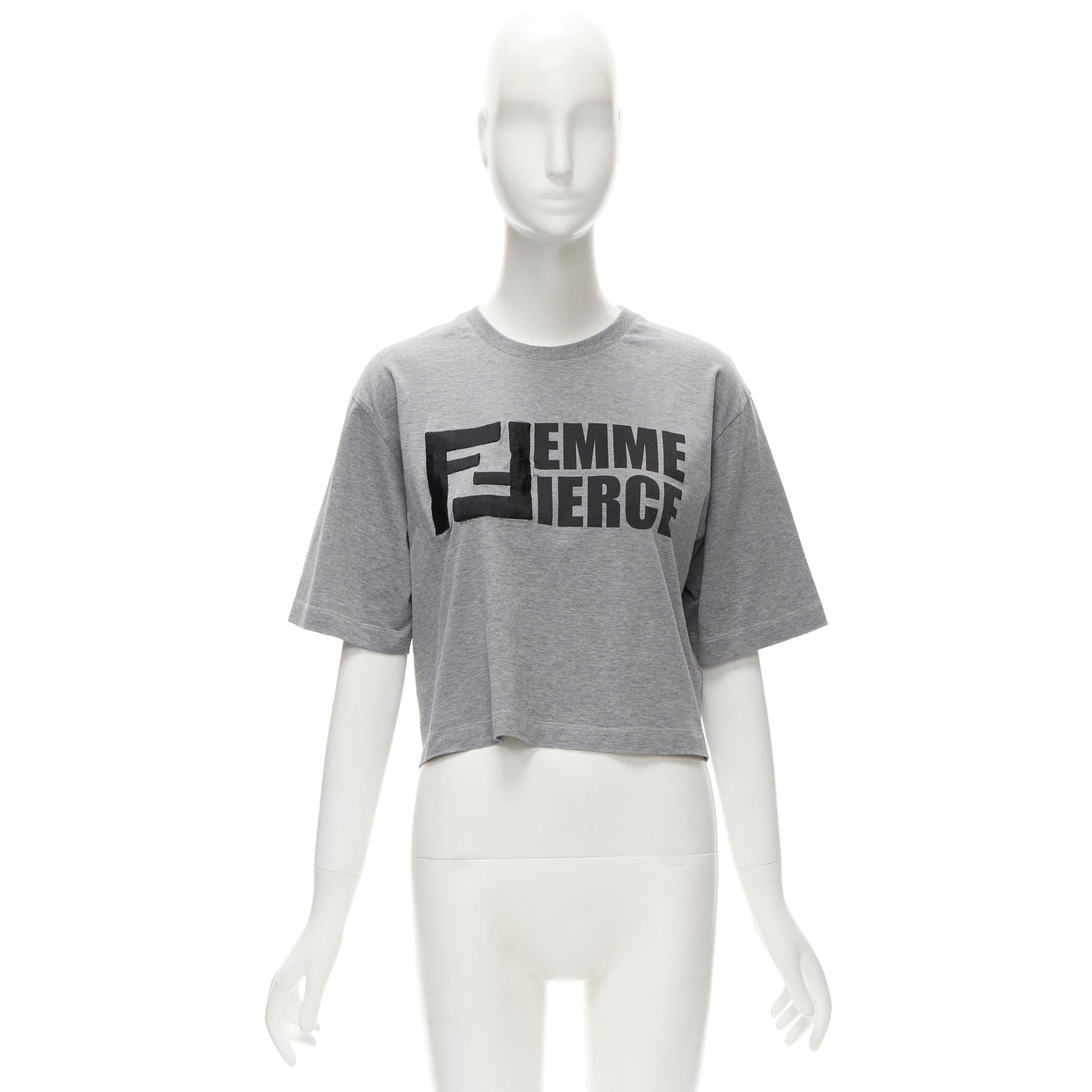 FENDI Femme Fierce embroidery FF logo grey cropped cotton tshirt  For Sale 1