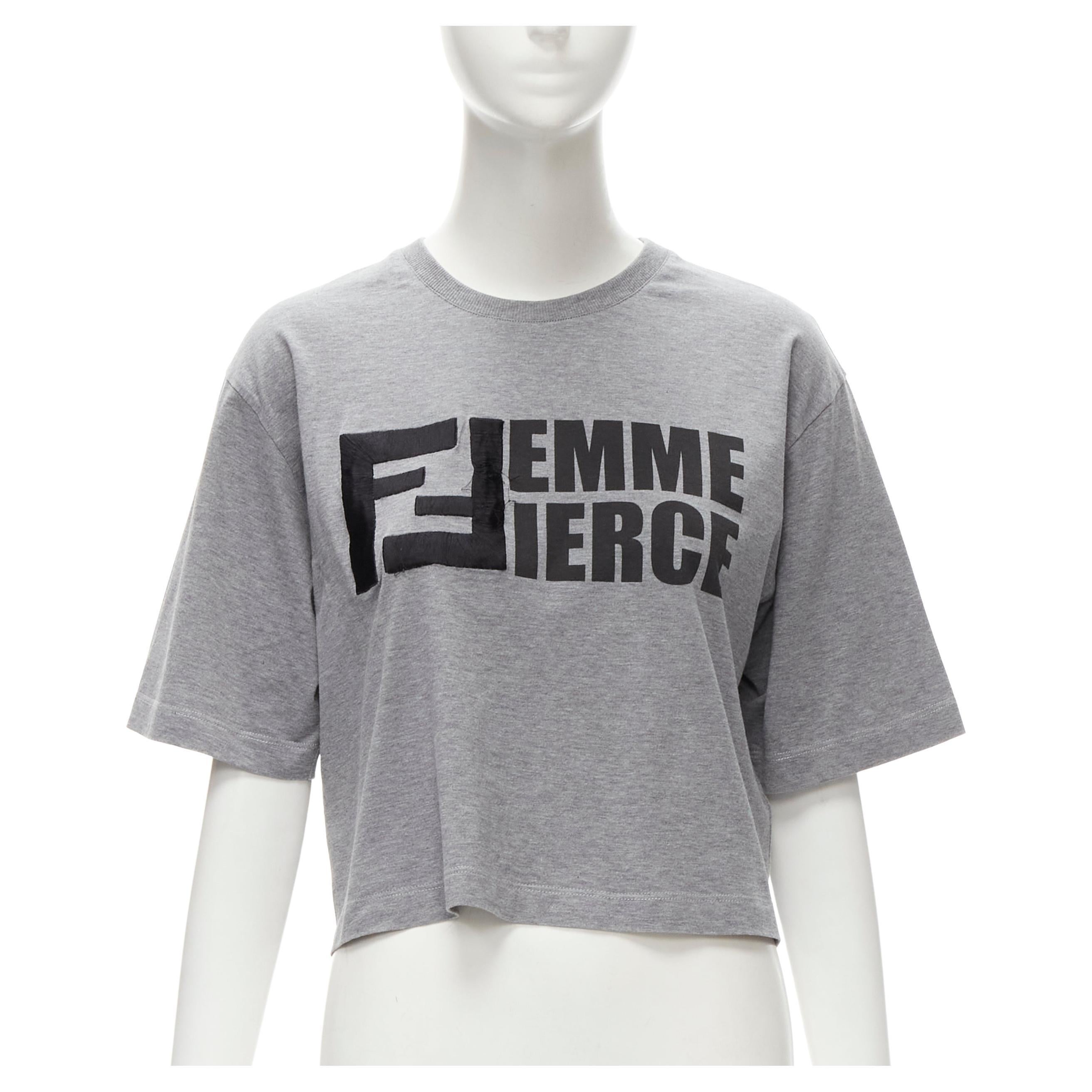 FENDI Femme Fierce embroidery FF logo grey cropped cotton tshirt  For Sale