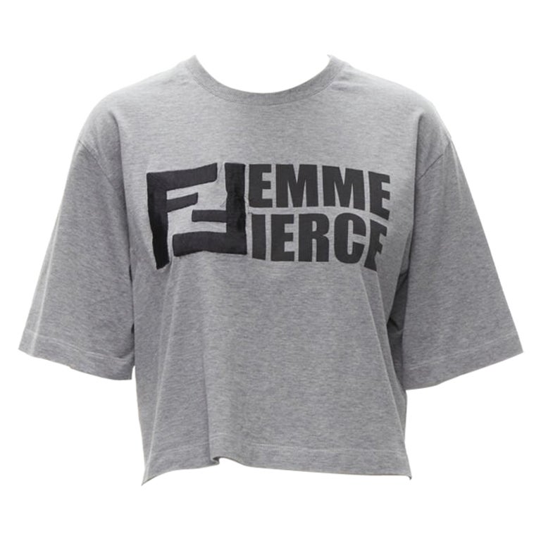 FENDI Femme Fierce embroidery FF logo grey cropped cotton tshirt M