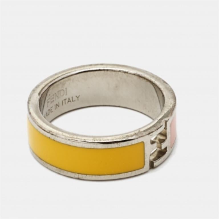 Fendi Bicolor Enamel Silver Tone Ring Size 55 Bon état - En vente à Dubai, Al Qouz 2