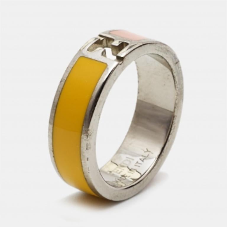 Fendi Bicolor Enamel Silver Tone Ring Size 55 Pour femmes en vente