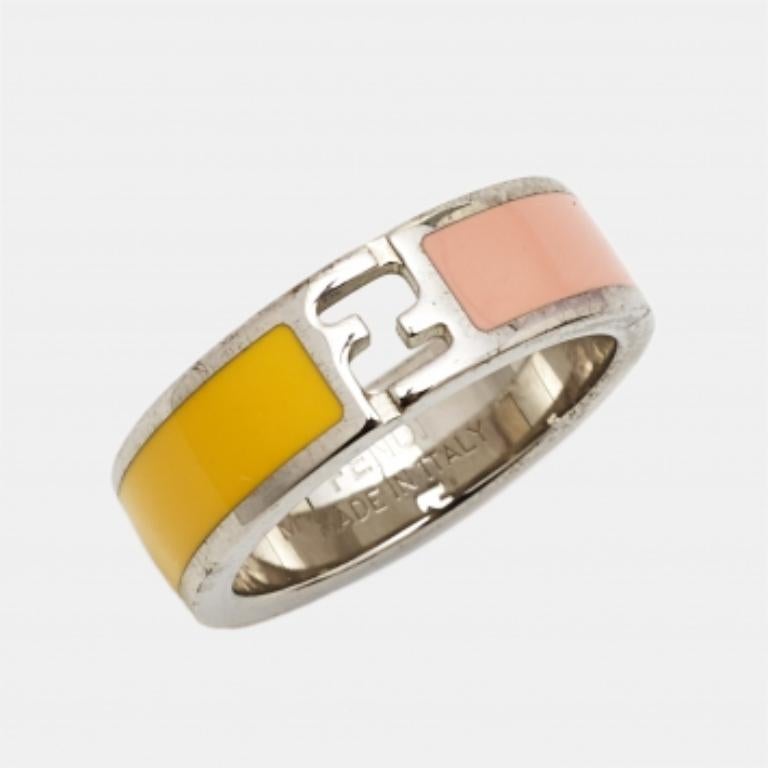 Fendi Bicolor Enamel Silver Tone Ring Size 55 en vente 1