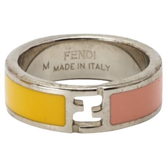 Fendi Bicolor Enamel Silver Tone Ring Size 55 en vente