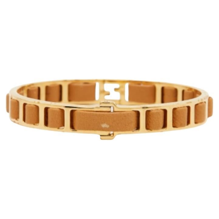 Fendi Bracciale Bangle in pelle marrone intrecciata tono oro