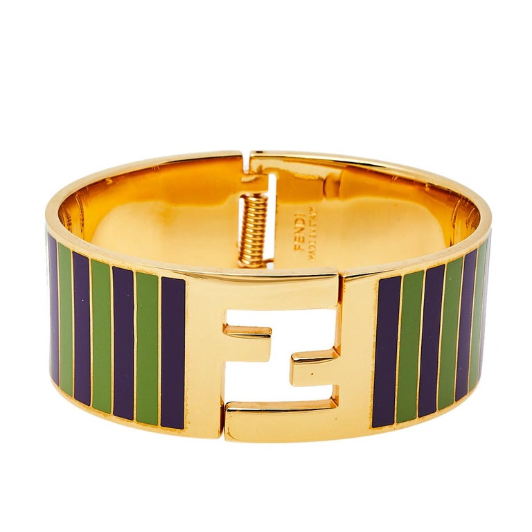 Fendi Fendista Green/Purple Striped Enamel Gold Tone Wide Bracelet S at  1stDibs | purple and green bracelet, fendi gold bracelet, fendi gold bangle