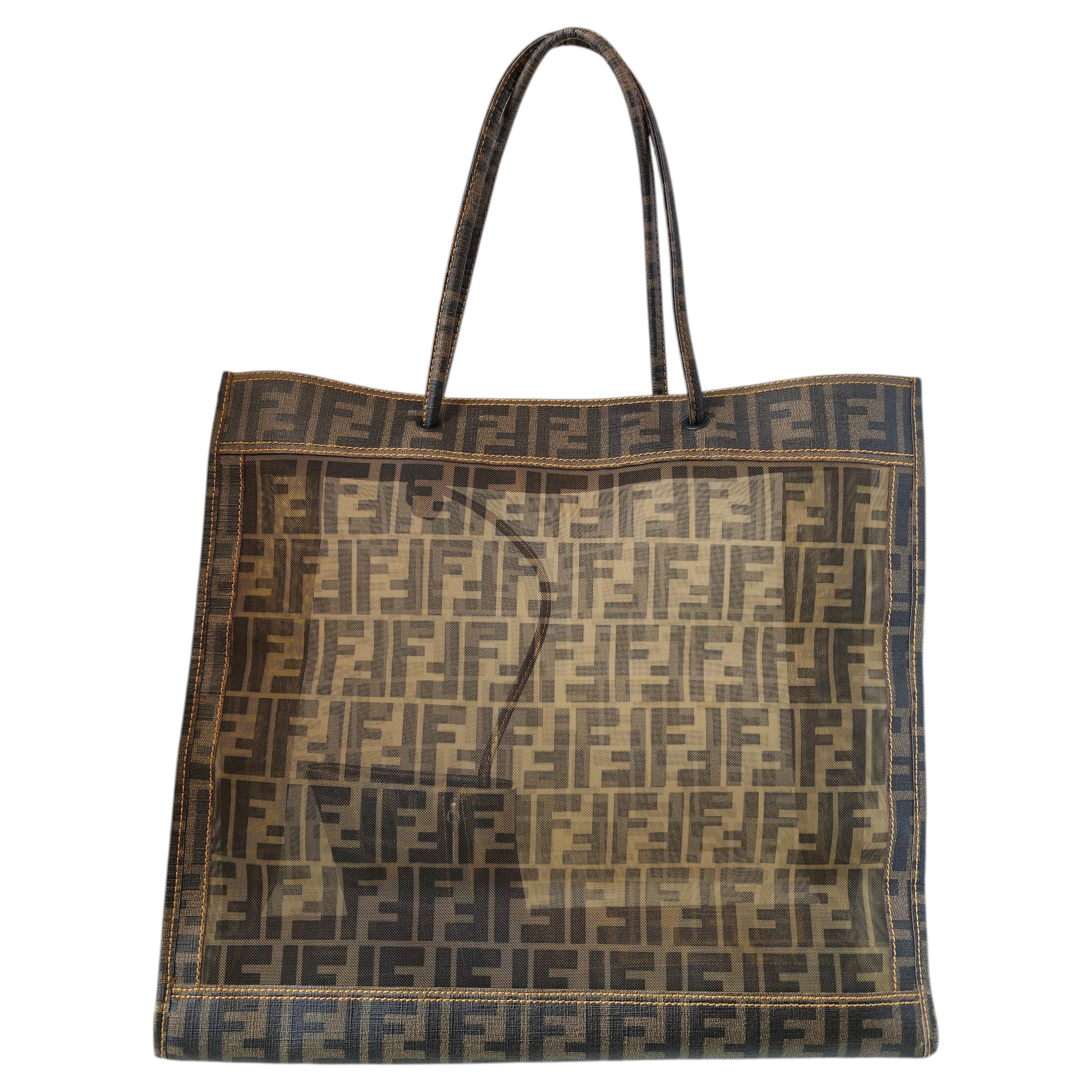 Sac de plage unisexe Fendi Vintage FF en cuir marron, 40 x 36 cm