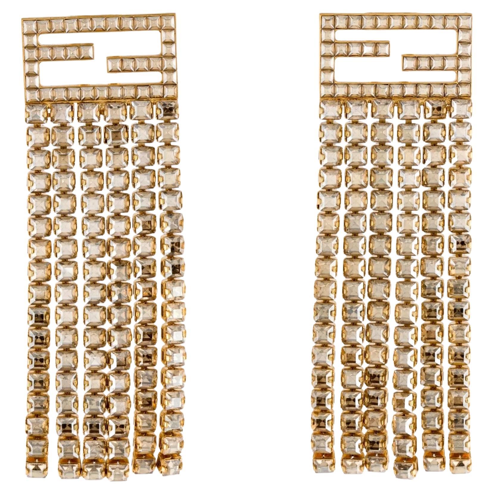 Fendi FF Crystal Gold Tone Drape Earrings For Sale