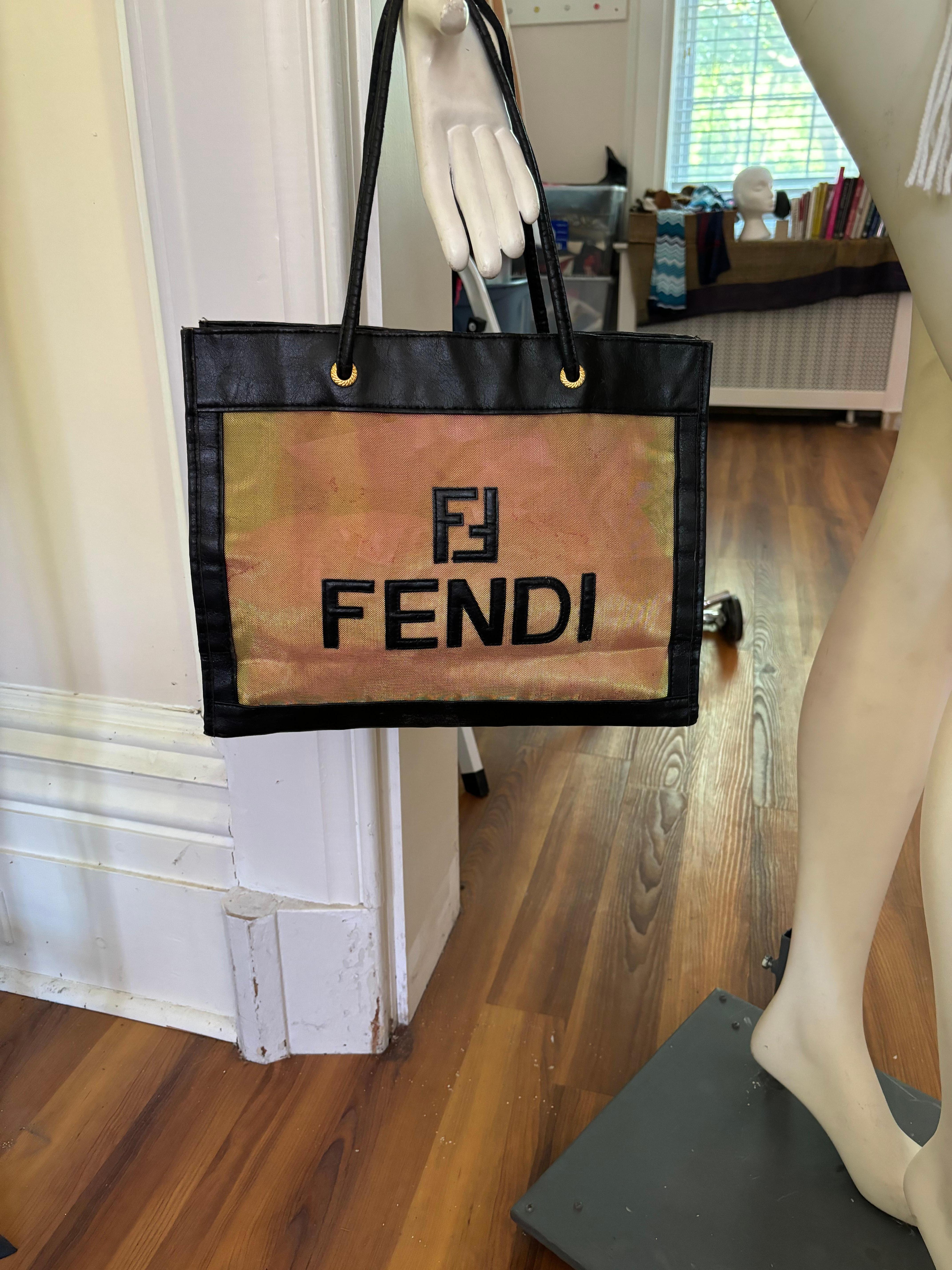 Fendi FF Gold See Through Mesh and Leather Tote/Shopper For Sale 2