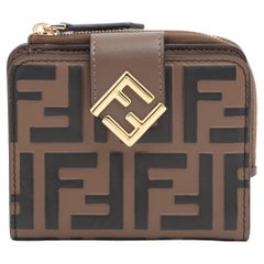 Used Fendi FF Iterlocking Logo Leather Wallet Brown