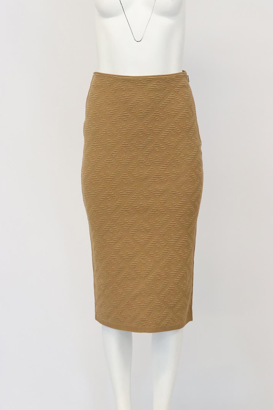Fendi Ff Jacquard Stretch Knit Midi Skirt. Tan. Zip fastening - Side. 67% Viscose, 33% polyester. IT 38 (UK 6, US 2, FR 34). Waist: 27 in. Hips: 32.5 in. Length: 29 in. Condition: New with tags.