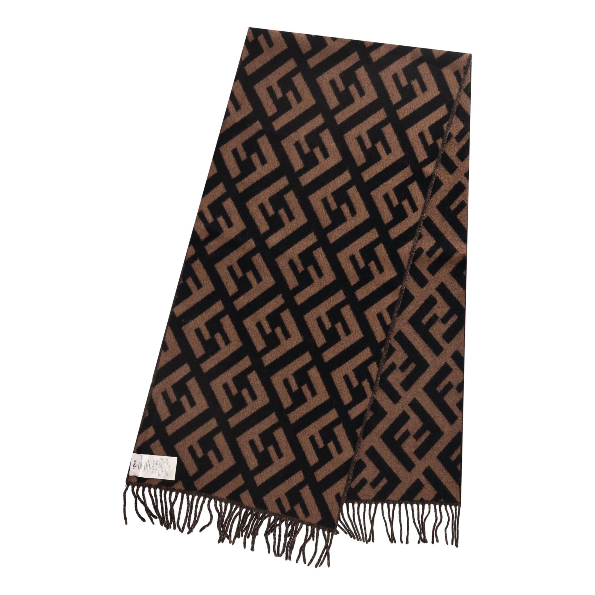 Black Fendi ‘FF’ Logo Cashmere Fringed Scarf