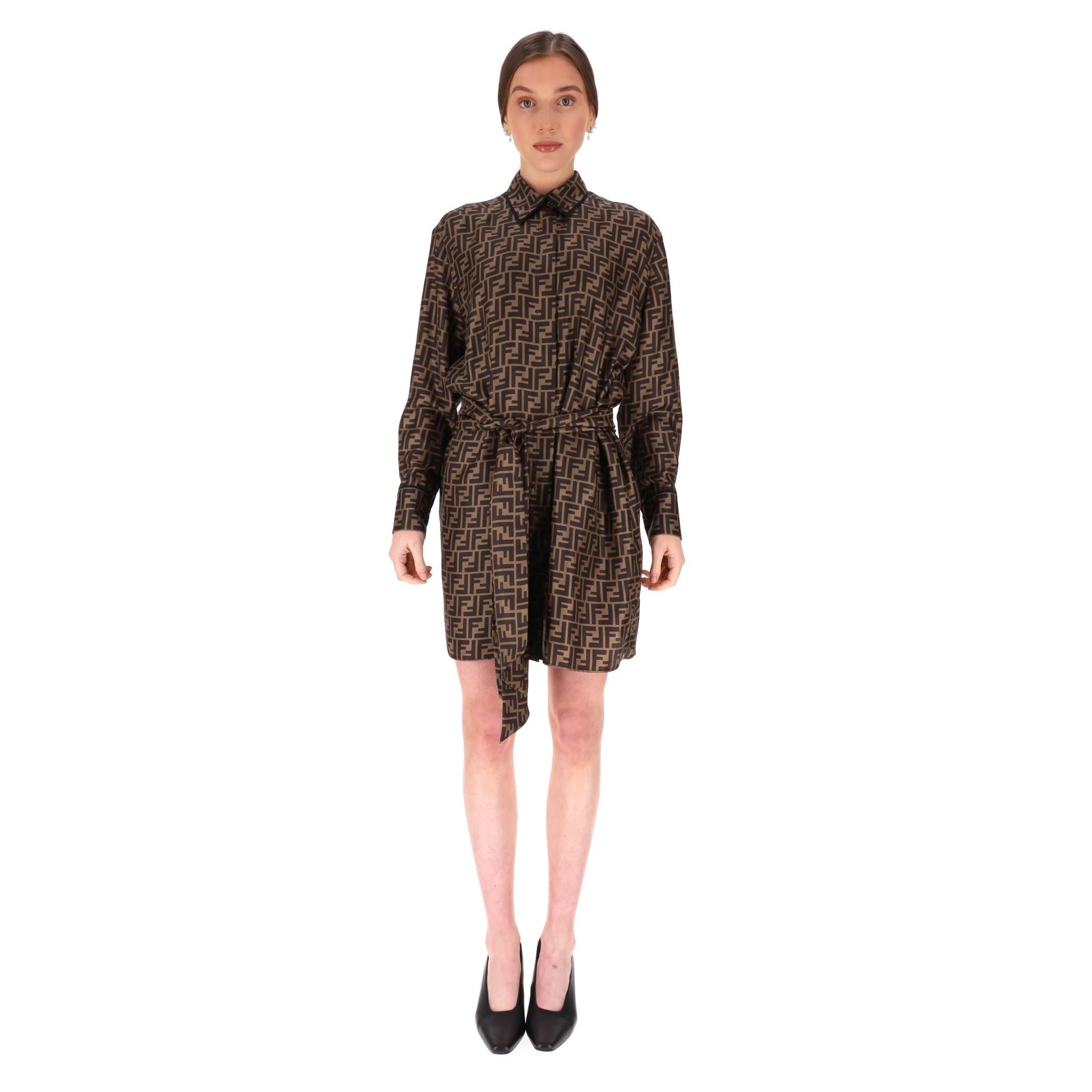 Brand New - Fendi ‘FF' Logo Silk Twill Belted Shirt Dress

All over logo dress in brown with black 'FF' logo, crafted from silk twill with a classic collar and long sleeves.

Features a concealed fastening with buttons, side pockets, and