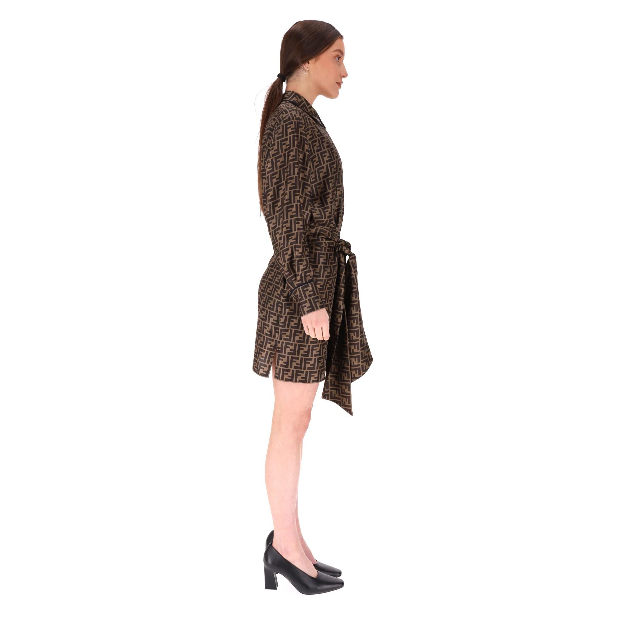 Black Fendi ‘FF' Logo Silk Twill Belted Shirt Dress