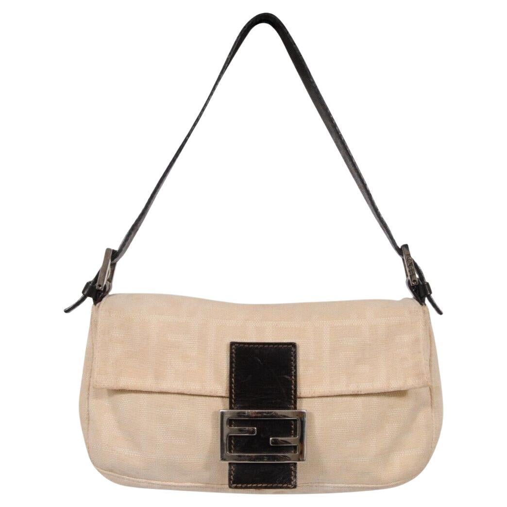 Fendi FF Logo Vintage Zucca Baguette Flap Shoulder Bag Tan Brown Leather Strap