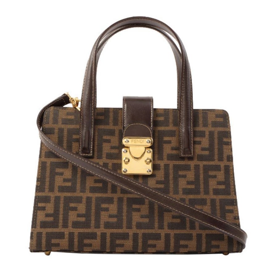 Fendi Ff Pattern Logo Plate Metal Clasp 2Way Bag Brown