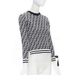 FENDI FF Zucca monogram black white ribbon laced sleeve sweater IT36 XXS