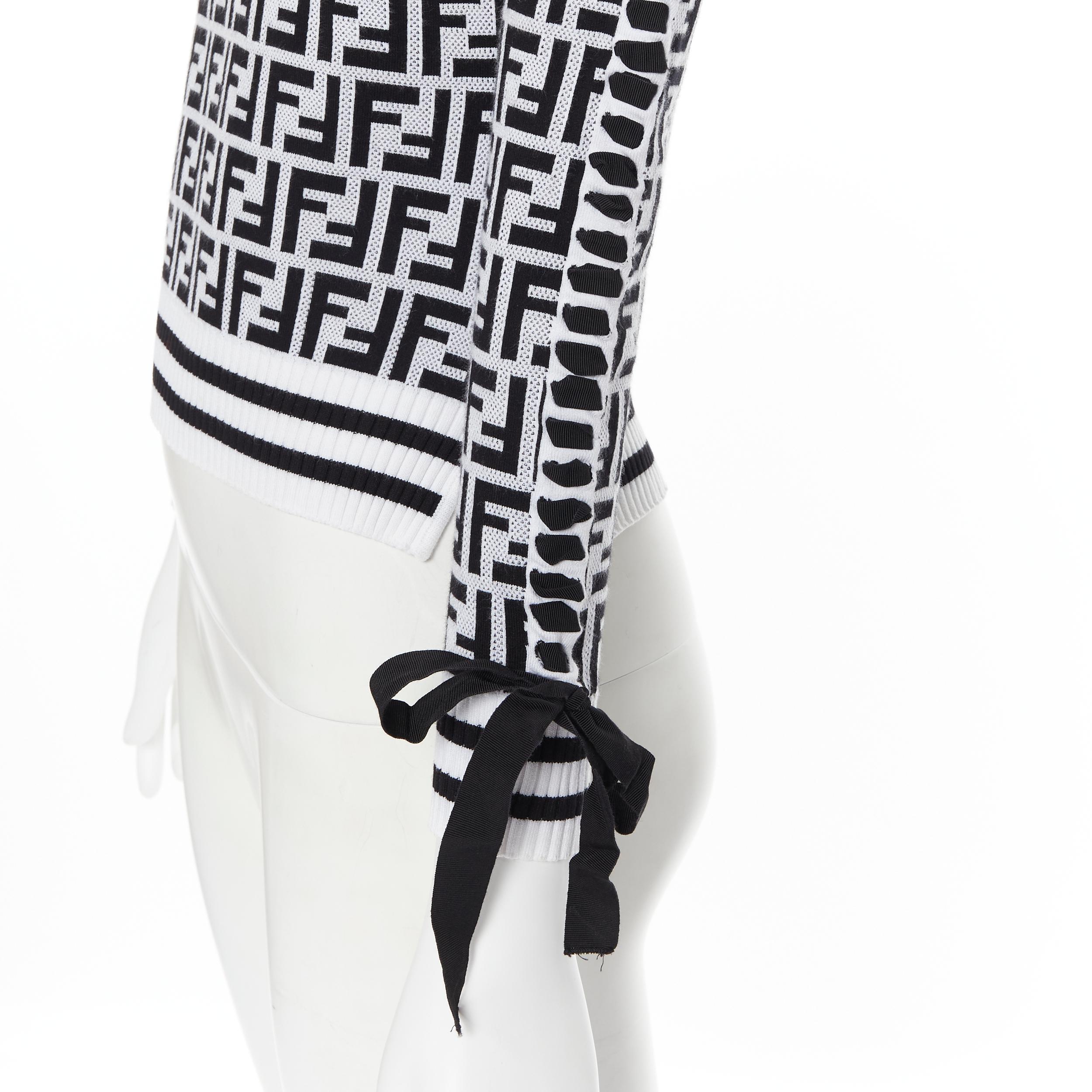 FENDI FF Zucca monogram black white ribbon laced sleeve sweater IT36 XXS In Excellent Condition In Hong Kong, NT