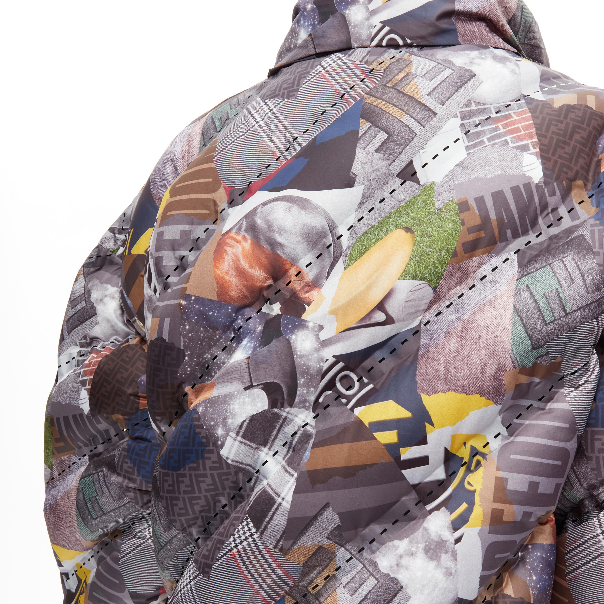 FENDI FF Zucca monogram collage goose down padded oversized puffer jacket IT48 M 
Reference: TGAS/B01662 
Brand: Fendi 
Material: Nylon 
Color: Multicolor 
Pattern: Abstract 
Closure: Zip 
Extra Detail: Abstract colleage monogram print. Goose