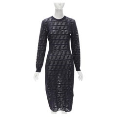 FENDI FF Zucca - Robe pull en maille transparente bleu marine avec monogramme, taille IT 42 M