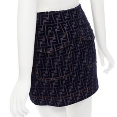 FENDI FF Zucca monogram velvet flocking mini denim skirt S