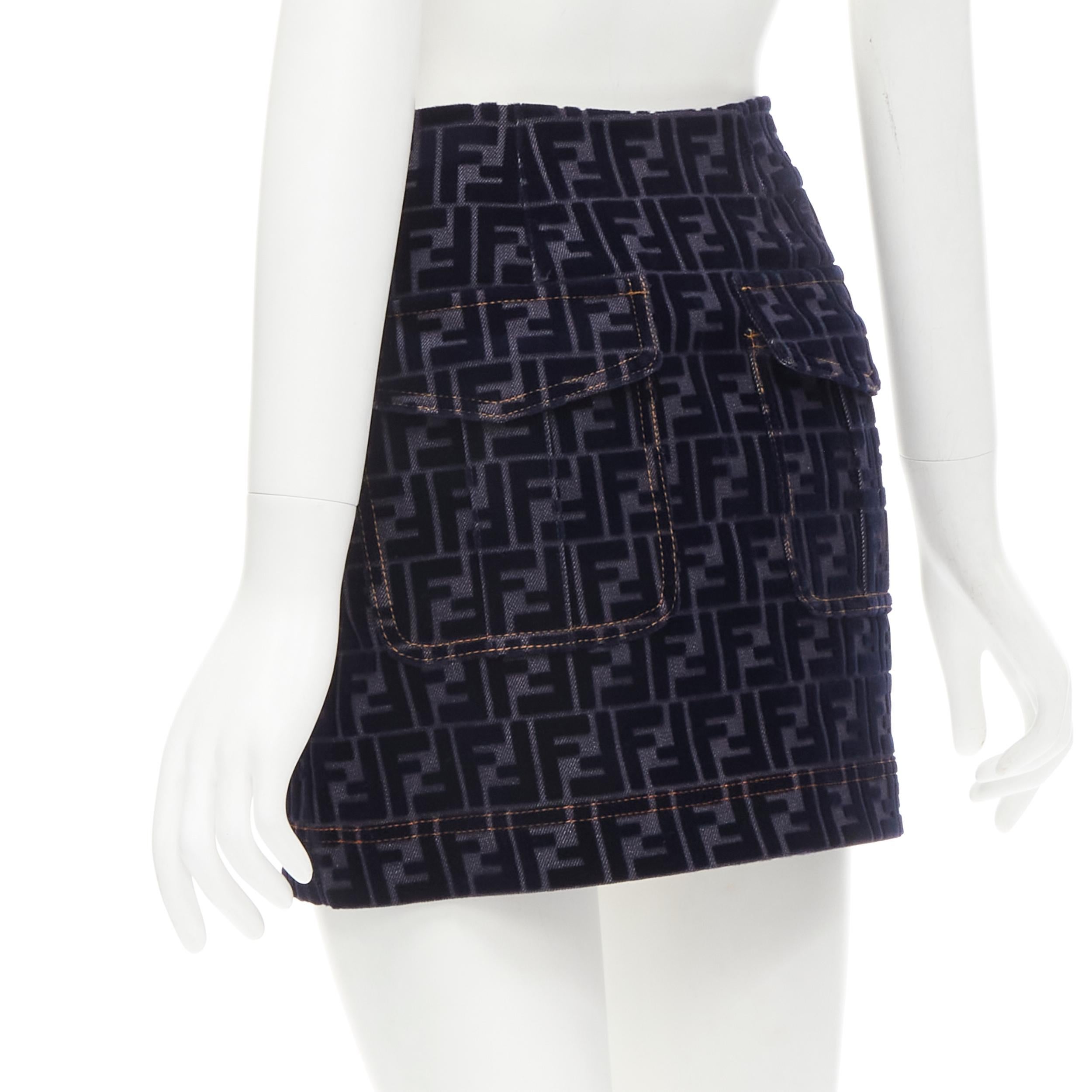 Black FENDI FF Zucca monogram velvet flocking mini denim skirt S For Sale