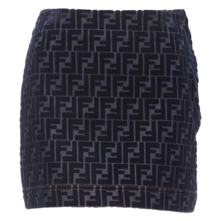 FENDI FF Zucca, minigonna in denim con monogramma e floccatura in velluto S