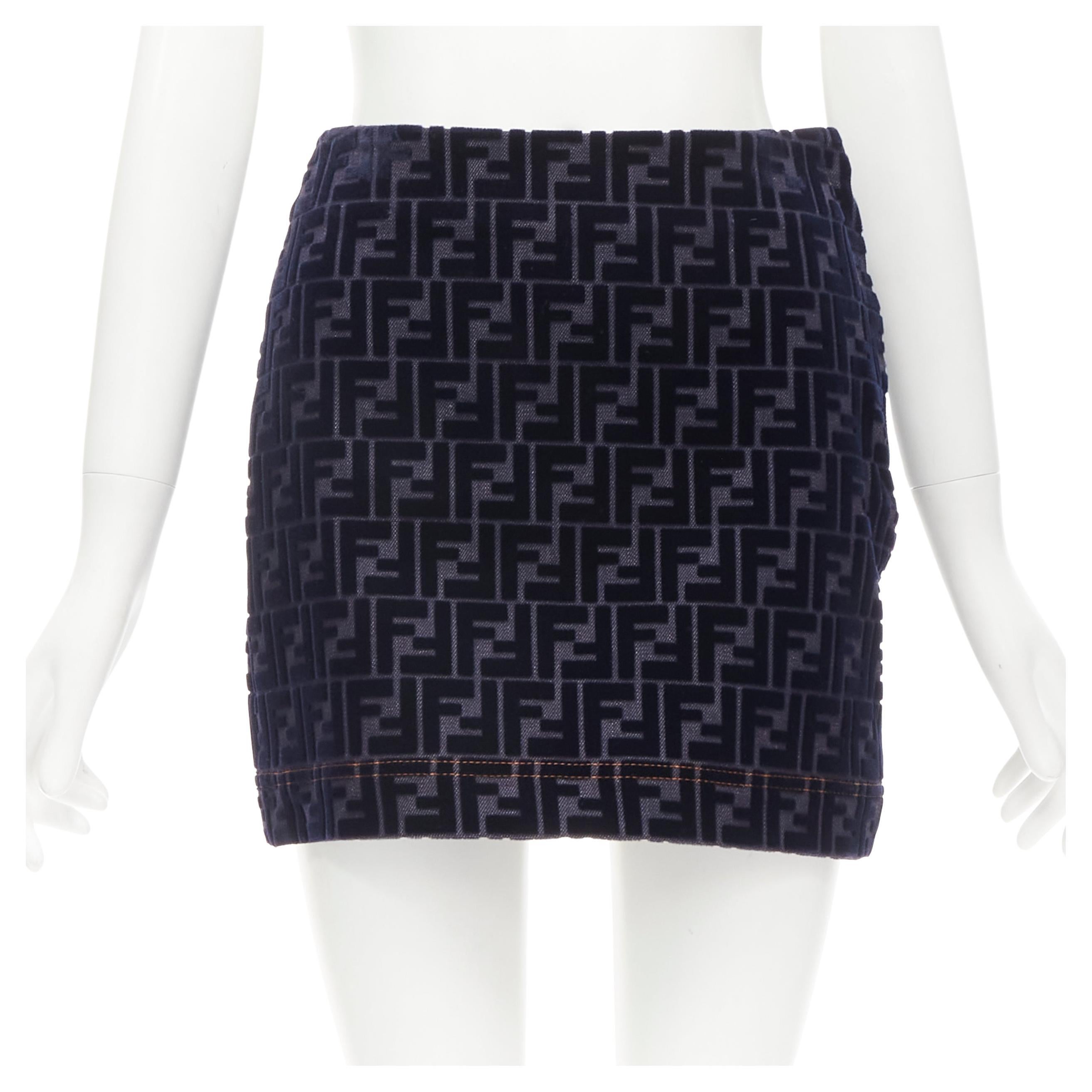 FENDI FF Zucca monogram velvet flocking mini denim skirt S For Sale