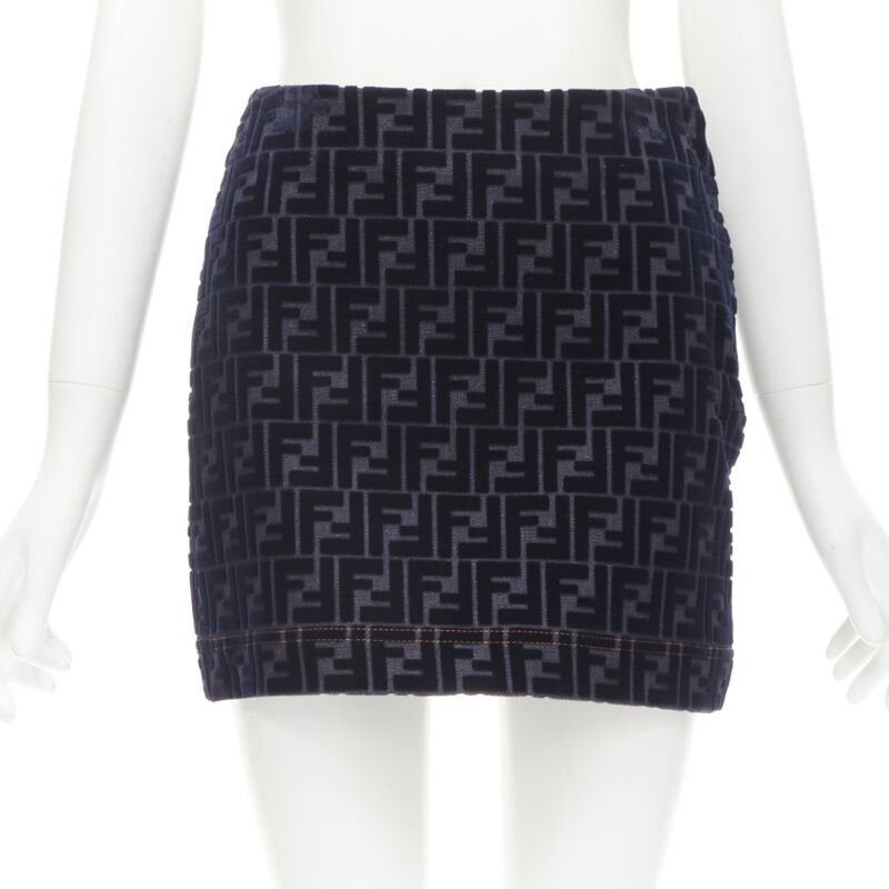 FENDI FF Zucca monogram velvet flocking mini denim skirt S For Sale