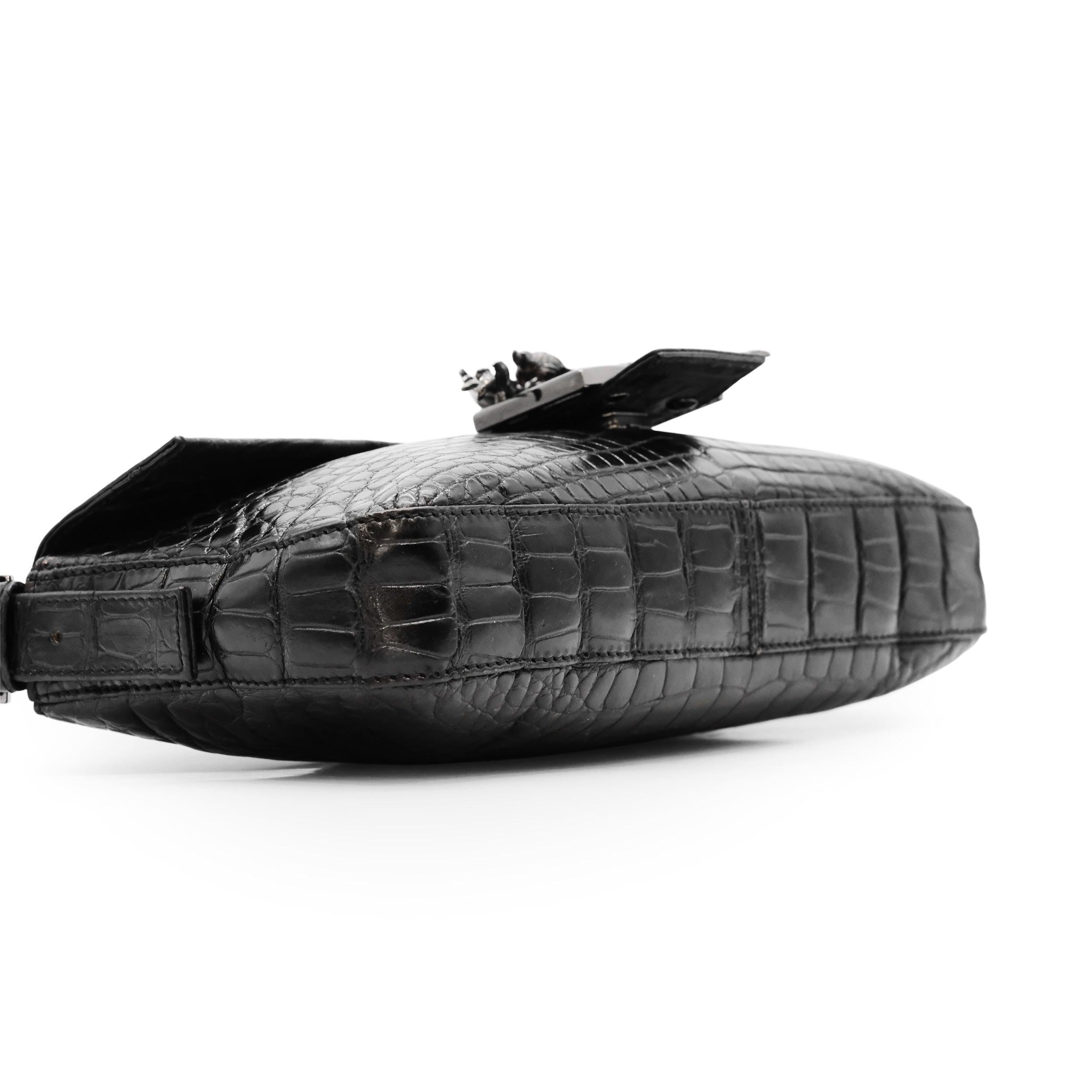 Black Fendi Fibbia a Doppia F Crocodile Leather Baguette - '90s
