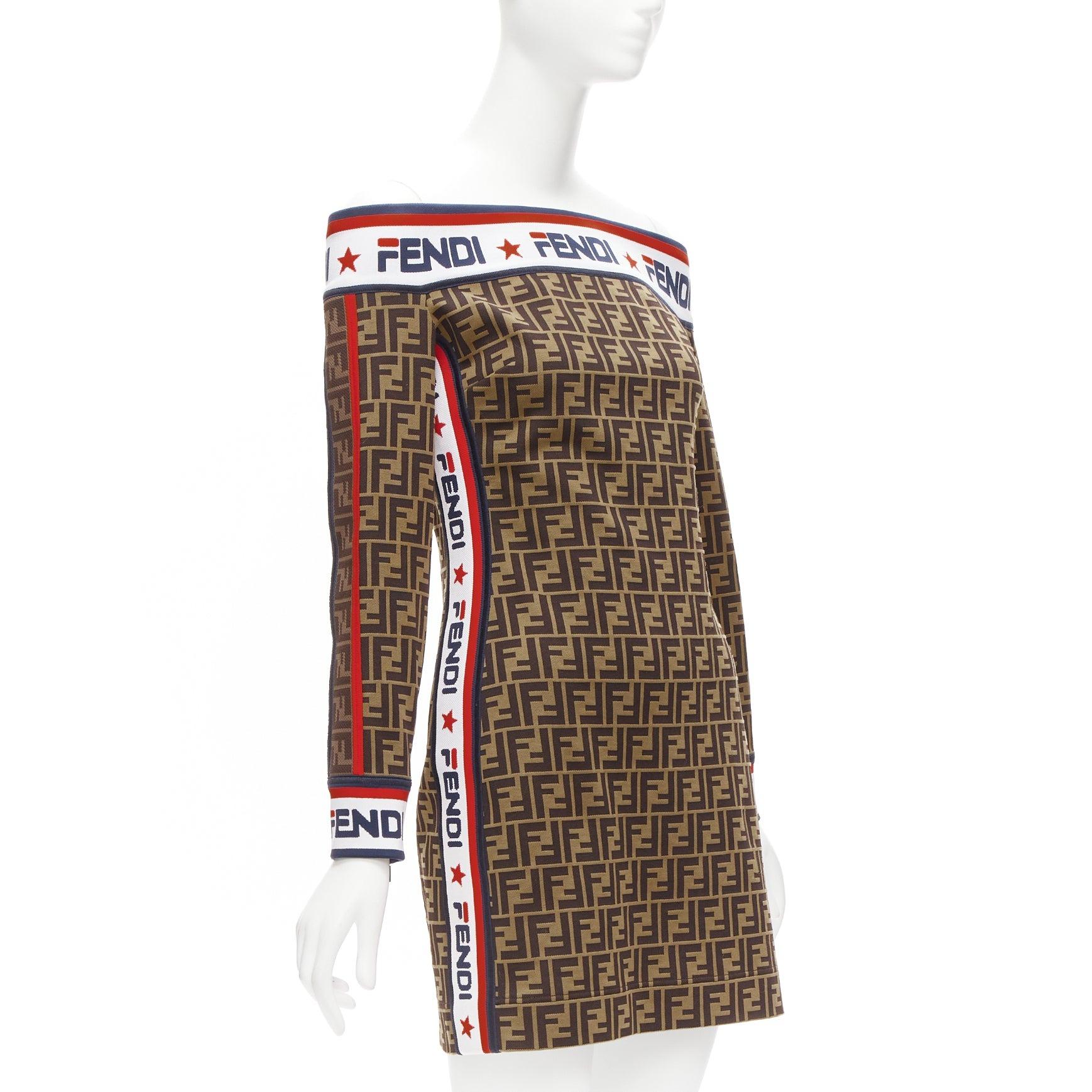 Brown FENDI FILA 2018 Runway FF Zucca logo tape monogram off shoulder dress IT42 M