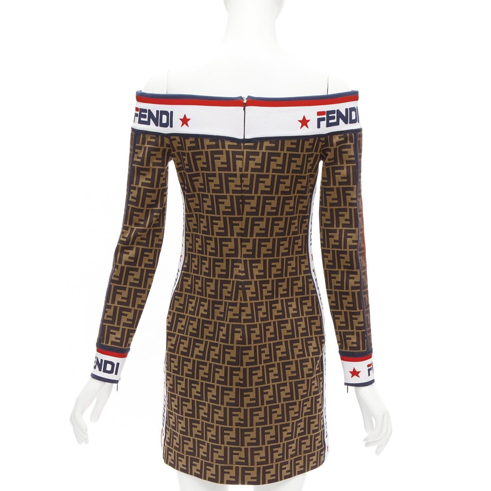 Women's FENDI FILA 2018 Runway FF Zucca logo tape monogram off shoulder dress IT42 M
