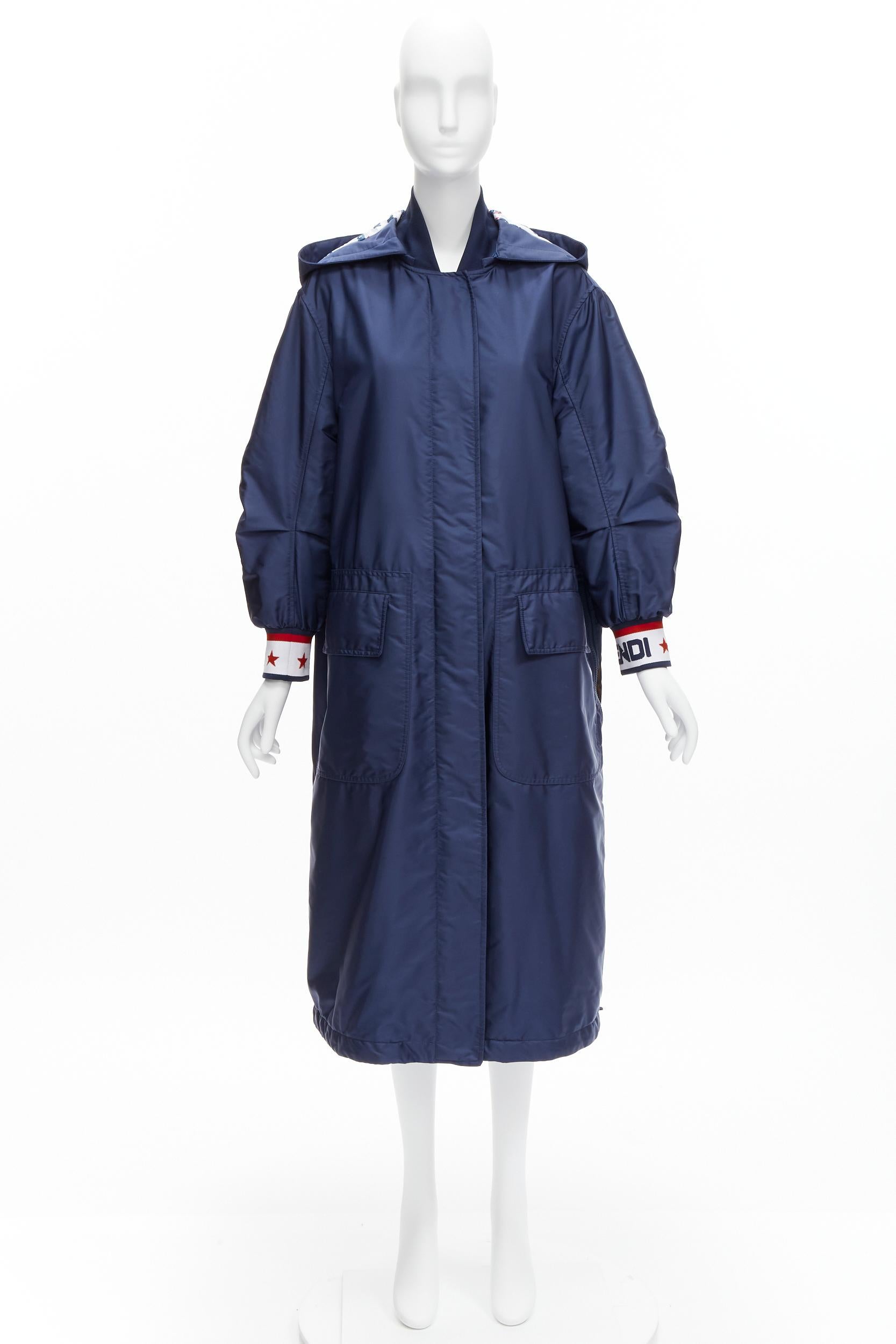 FENDI FILA 2018 Runway oversized logo navy nylon hooded padded coat S For Sale 6