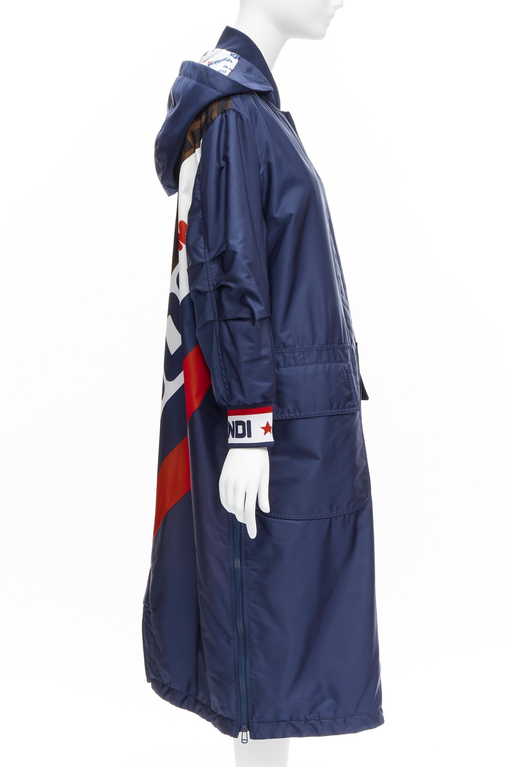 Women's FENDI FILA 2018 Runway oversized logo navy nylon hooded padded coat S For Sale